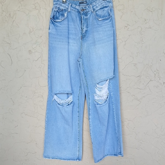Fashion Nova Denim - Fashion Nova Light Blue Distressed Wide-Leg Jeans
